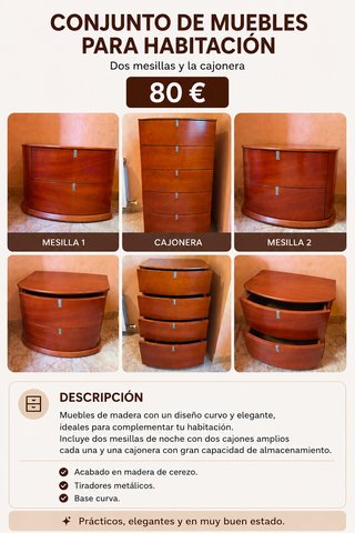 Conjunto Muebles Habitación: 2 Mesillas + Cajonera