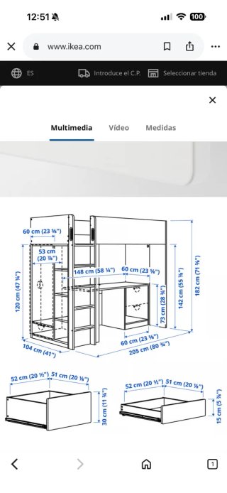 Cama Alta IKEA 3 en 1: Armario + Escritorio+ cama