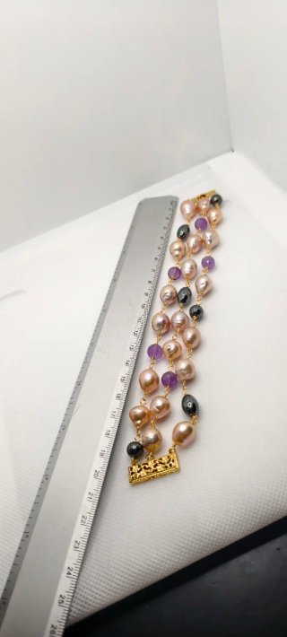 Pulsera 3 filas perlas barrocas amatista