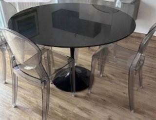 Tavolo rotondo 120 cm e 4 sedie trasparenti