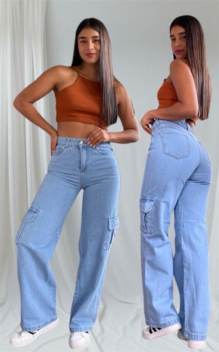 Jeans Cargo Wide Leg Mujer Azul Claro | Tiro Alto