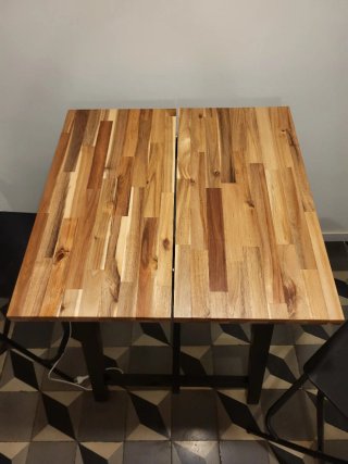Mesa alta bar madera acacia y 2 taburetes
