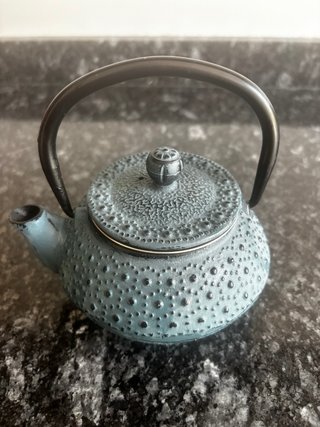 Tetera de hierro fundido azul y gris. Una persona