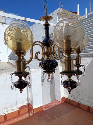 Lámpara de 5 brazos azul y dorada