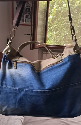 Borsa jeans con inserti pelle marrone