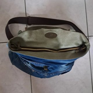 Borsa jeans con inserti pelle marrone