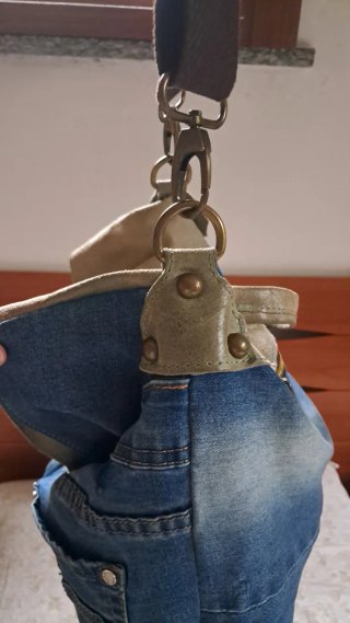 Borsa jeans con inserti pelle marrone