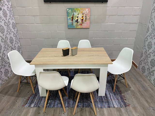 Mesa de madera 140cm + 6 sillas