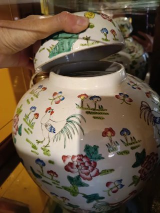Jarrón chino cerámica gallos flores