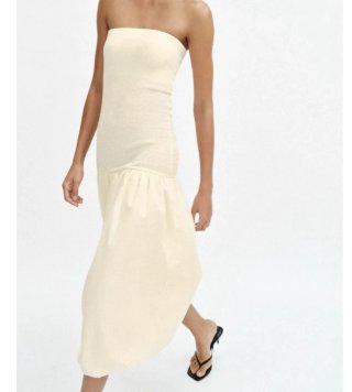 Vestido palabra de honor combinado beige
