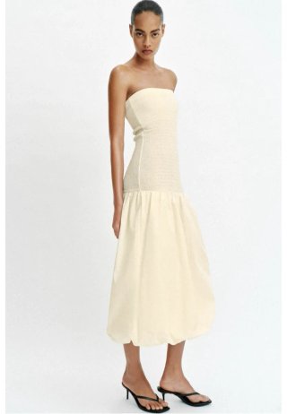 Vestido palabra de honor combinado beige