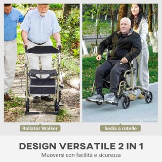Andador Silla Ruedas 2 en 1 Plegable Altura Ajustable, Andador para Ancianos y Discapacitados 4 Ruedas, Carro con Asiento, Frenos Dobles y Bolsa Portaobjetos, en Aluminio
