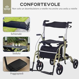 Andador Silla Ruedas 2 en 1 Plegable Altura Ajustable, Andador para Ancianos y Discapacitados 4 Ruedas, Carro con Asiento, Frenos Dobles y Bolsa Portaobjetos, en Aluminio