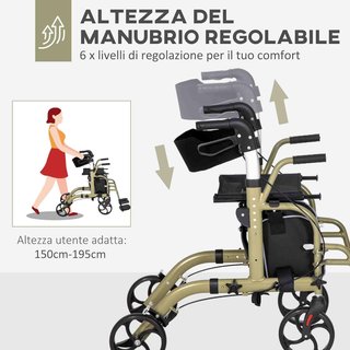 Andador Silla Ruedas 2 en 1 Plegable Altura Ajustable, Andador para Ancianos y Discapacitados 4 Ruedas, Carro con Asiento, Frenos Dobles y Bolsa Portaobjetos, en Aluminio