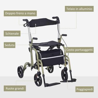 Andador Silla Ruedas 2 en 1 Plegable Altura Ajustable, Andador para Ancianos y Discapacitados 4 Ruedas, Carro con Asiento, Frenos Dobles y Bolsa Portaobjetos, en Aluminio