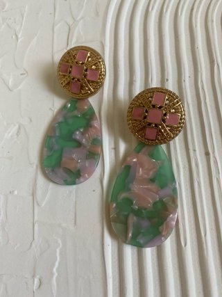Pendientes flamenca lágrima verde y rosa