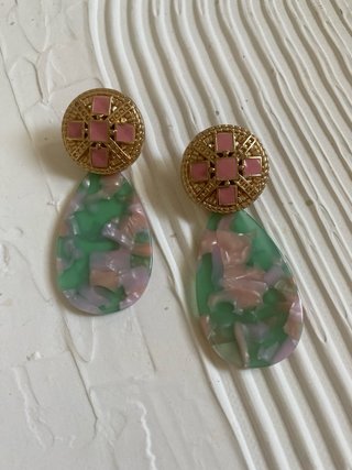 Pendientes flamenca lágrima verde y rosa