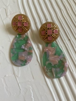 Pendientes flamenca lágrima verde y rosa