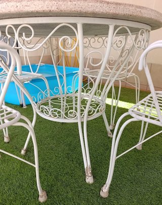 Mesa y 4 Sillas Jardín Hierro y Mármol