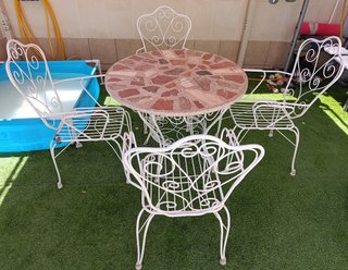 Mesa y 4 Sillas Jardín Hierro y Mármol