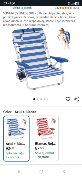 Silla de Playa Plegable Azul y Blanca