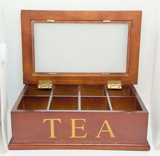 Caja de té de madera con tapa de cristal