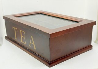 Caja de té de madera con tapa de cristal