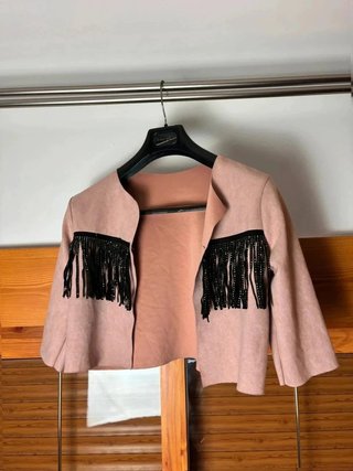 Chaqueta rosa empolvado Efecto ante con flecos