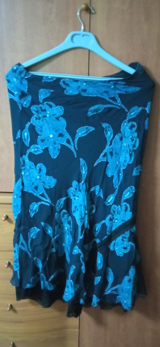 Falda midi floral negra y turquesa