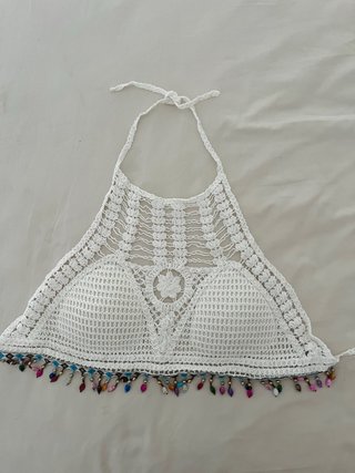 Top Crochet Blanco con Piedras Colores
