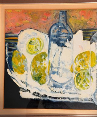 Pintura Técnica Mixta Bodegón Botellas y Limones