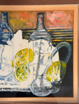 Pintura Técnica Mixta Bodegón Botellas y Limones