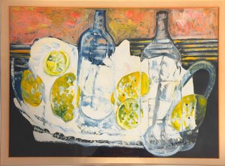 Pintura Técnica Mixta Bodegón Botellas y Limones