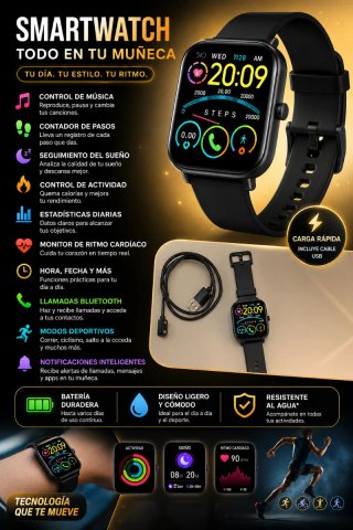 Smartwatch Negro Cargador Múltiples Funciones