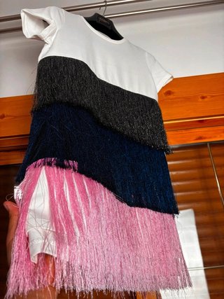 Vestido Corto de Flecos Tricolor Talla M (Blanco,