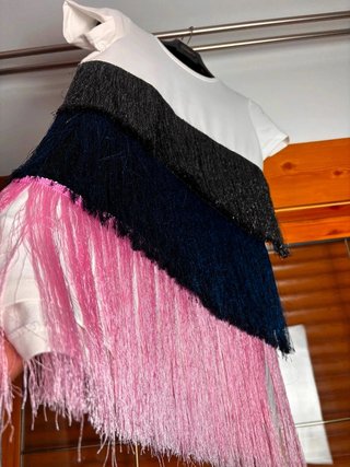 Vestido Corto de Flecos Tricolor Talla M (Blanco,