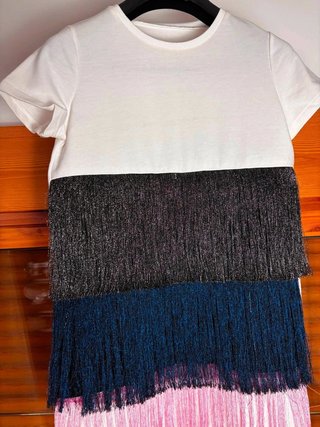 Vestido Corto de Flecos Tricolor Talla M (Blanco,
