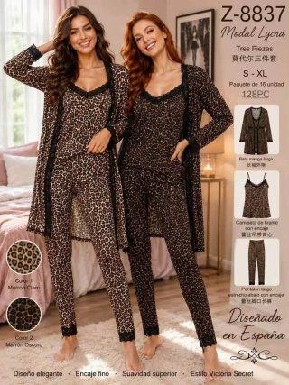 Pijama 3 Piezas Modal Lycra Estampado Leopardo