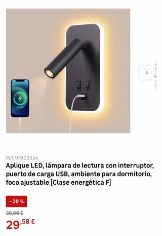 2 Apliques LED Lámpara Lectura con USB