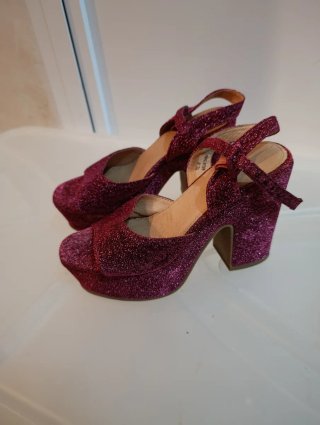 Tacones Rosa Purpurina Tacon Grueso