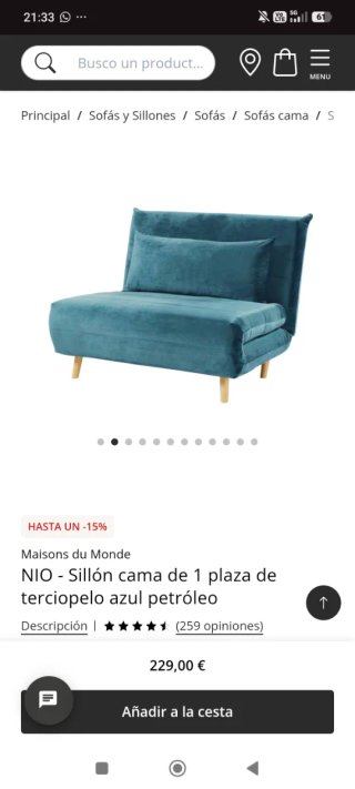 Sofá cama NIO terciopelo azul 1 plaza