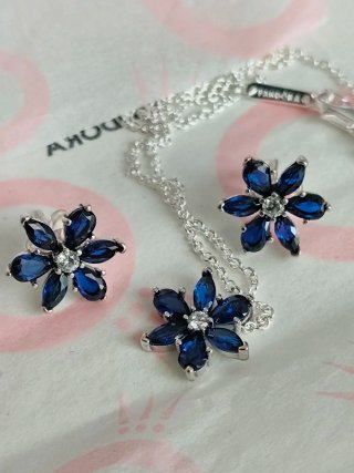 Conjunto Pandora Flor Azul y Plata