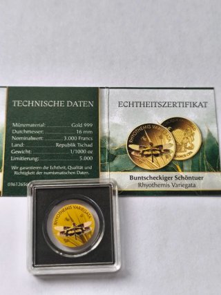 5 Monedas Oro 1/1000 Oz 3000 Francs Chad Insekten