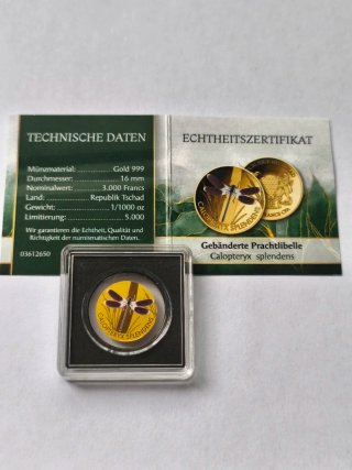5 Monedas Oro 1/1000 Oz 3000 Francs Chad Insekten