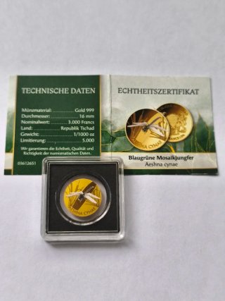 5 Monedas Oro 1/1000 Oz 3000 Francs Chad Insekten