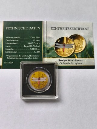5 Monedas Oro 1/1000 Oz 3000 Francs Chad Insekten