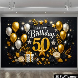 Banner Feliz Cumpleaños 50 Negro Dorado