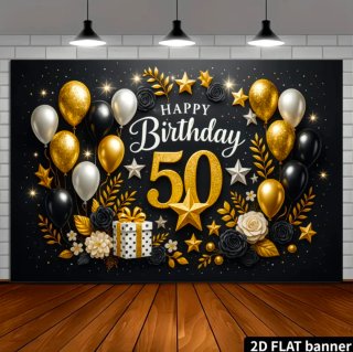Banner Feliz Cumpleaños 50 Negro Dorado