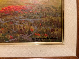 Cuadro antiguo paisaje con casa y amapolas