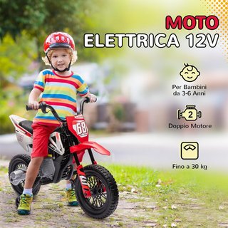 Moto Eléctrica de 12V para Niños de 3-6 Años con 2 Motores y Acelerador Manual, Mini Moto Cross para Niños con Suspensión, Ruedas Removibles, Indicador de Carga, Sonidos, 2.4-5Km/H, Rojo